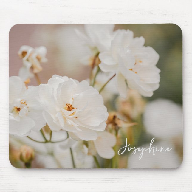 Mousepad Foto de Flores de Rosas Brancas Elegantes Com Nome (Frente)