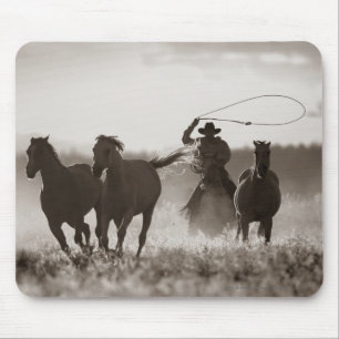 Mousepad Foto preto e branco de cavalos de um Lassoing do