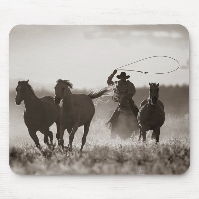 Mousepad Foto preto e branco de cavalos de um Lassoing do (Frente)