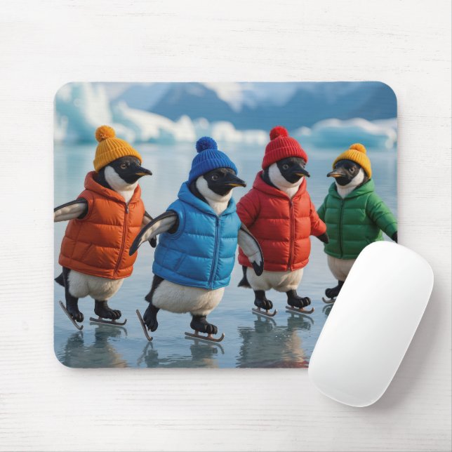 Mousepad Four Penguins Ice Skating On Arctic Lake (Com mouse)