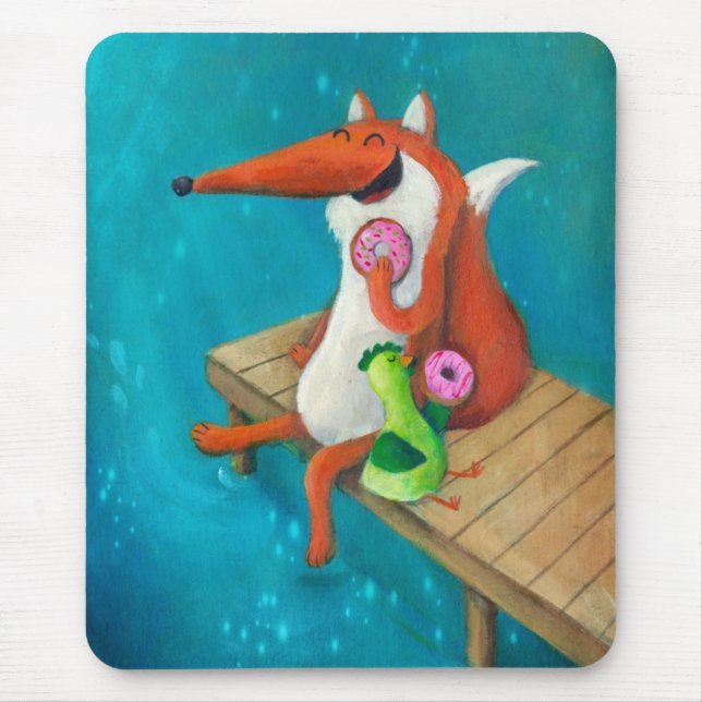 Mousepad Fox amigável e galinha que comem rosquinhas (Frente)