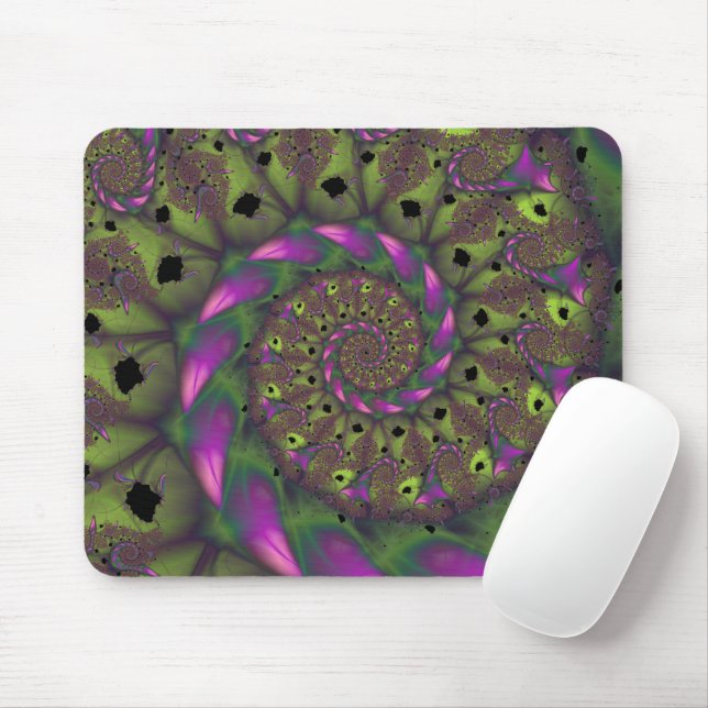 Mousepad Fractal com Formas Péticas Verde Roxo e Rosa (Com mouse)