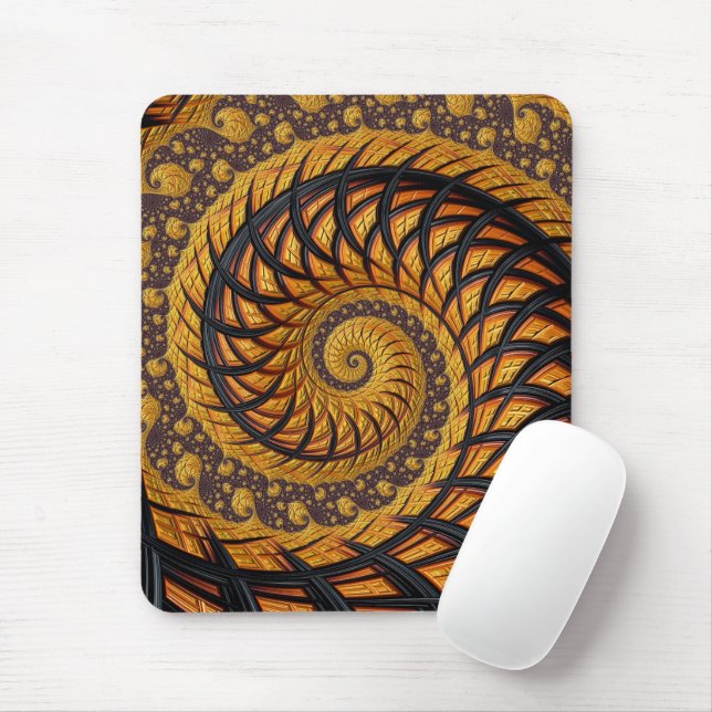 Mousepad Fractal Espiral Dourado abstrato preto (Com mouse)