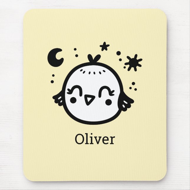 Mousepad Frango Alegre - Arte de Linha de Pássaro Kawaii" (Frente)