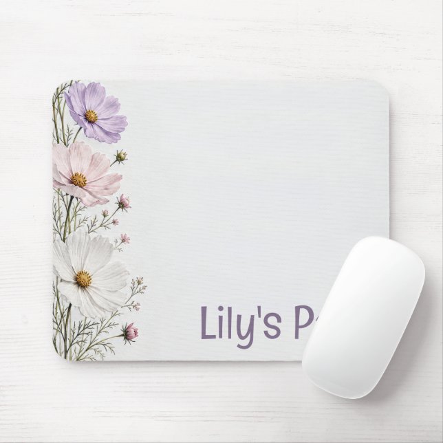 Mousepad Fronteira Floral de Cosmos em Branco (Com mouse)