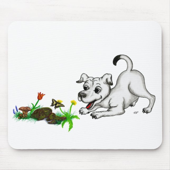 Mousepad Frühlingserwachen, Welpe mit Schmetterling (Frente)