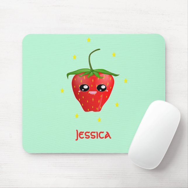 Mousepad Fruta de morango monograma kawaii em turquesa (Com mouse)