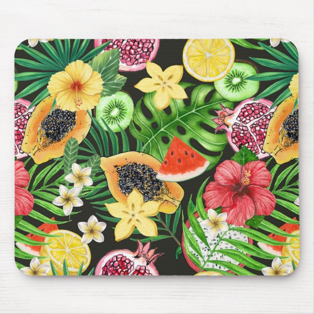 Mousepad Frutas tropicais, flores e folhas a preto (Frente)