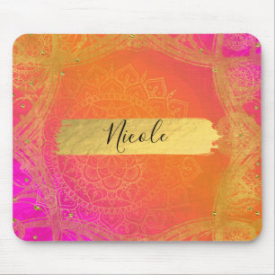 Mousepad Fuchsia Rosa Laranja & Dourado Glam Mandala Indian