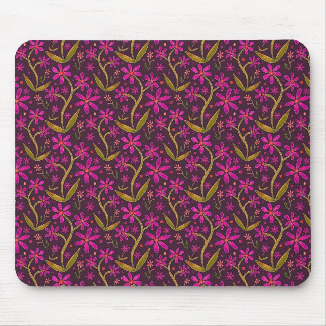 Mousepad Fúcsia | Margaridas Dançantes em Aquarela (Frente)