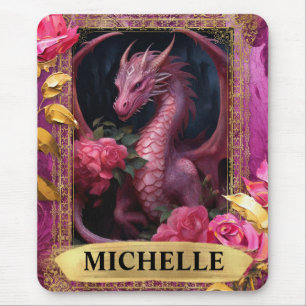 Mousepad Fúcsia Romântico Dragão e Rosas Fantasia