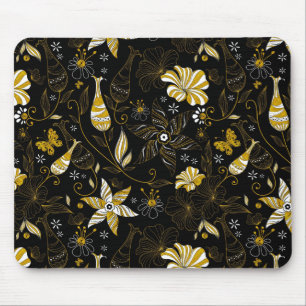 Mousepad Fundo floral ouro preto-branco
