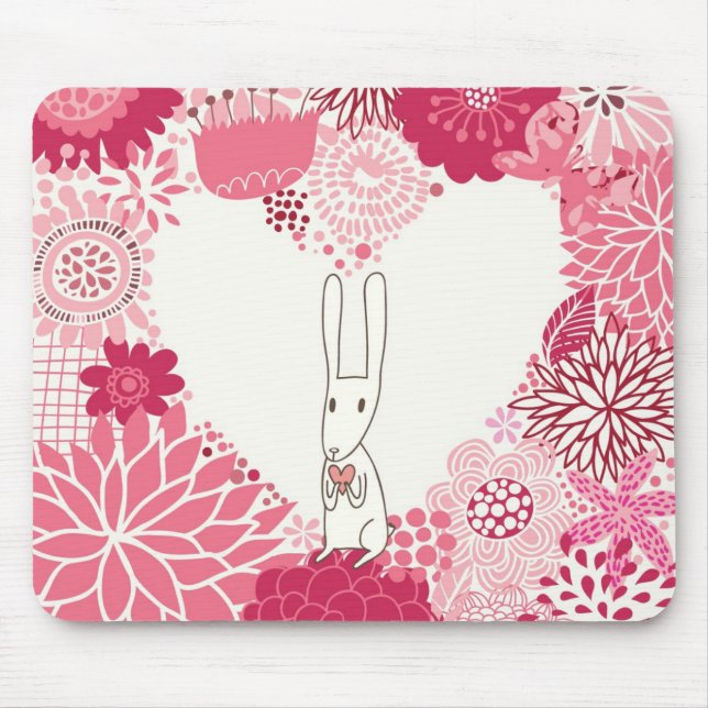 Mousepad Fundo floral romântico com coelho bonito (Frente)