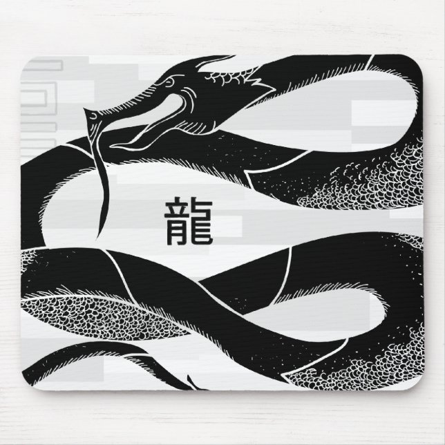 Mousepad Fundo japonês preto do branco do dragão (Frente)