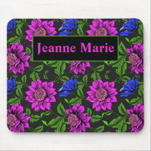 Mousepad Fundo Preto Cor-De-Rosa Elegante E Flor Azul