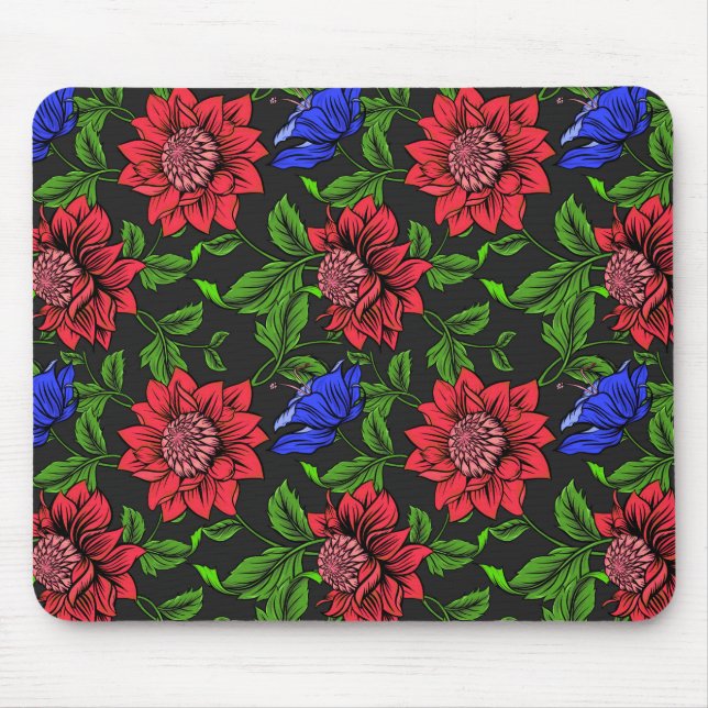 Mousepad Fundo preto Vermelho e Azul Flor Elegante (Frente)