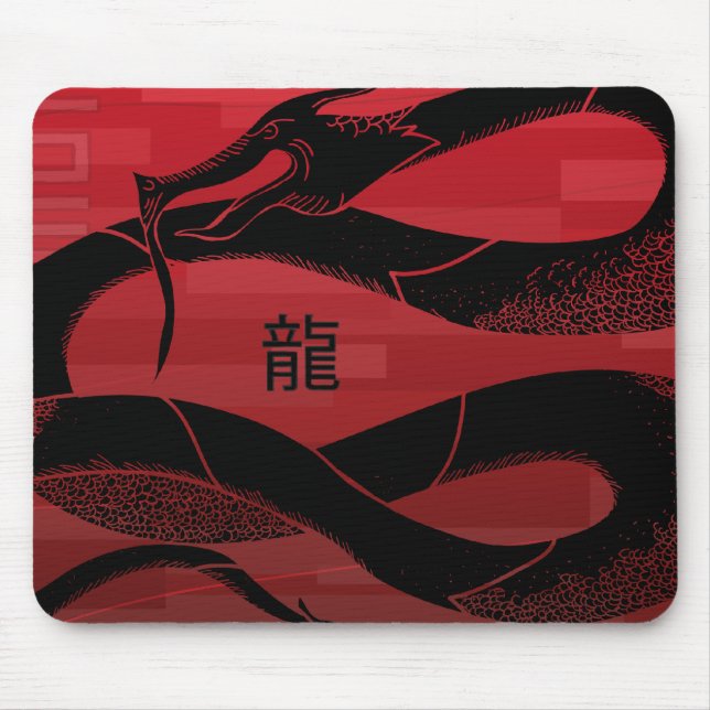 Mousepad Fundo Vermelho do Dragão Japonês Negro (Frente)