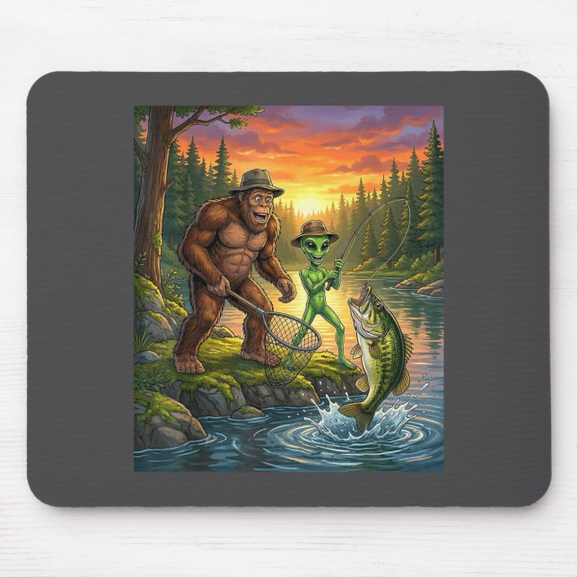 Mousepad Funny Bigfoot Fishing Mens Alien Sasquatch Fishing (Frente)