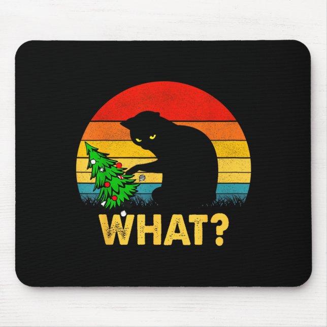 Mousepad Funny Black Cat Gift Pushing Christmas Tree Over C (Frente)