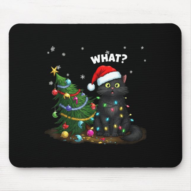 Mousepad Funny Black Cat Pushing Christmas Tree  (Frente)