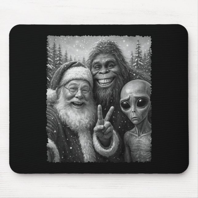 Mousepad Funny Cat Christmas Bigfoot Alien Santa Snow Selfi (Frente)