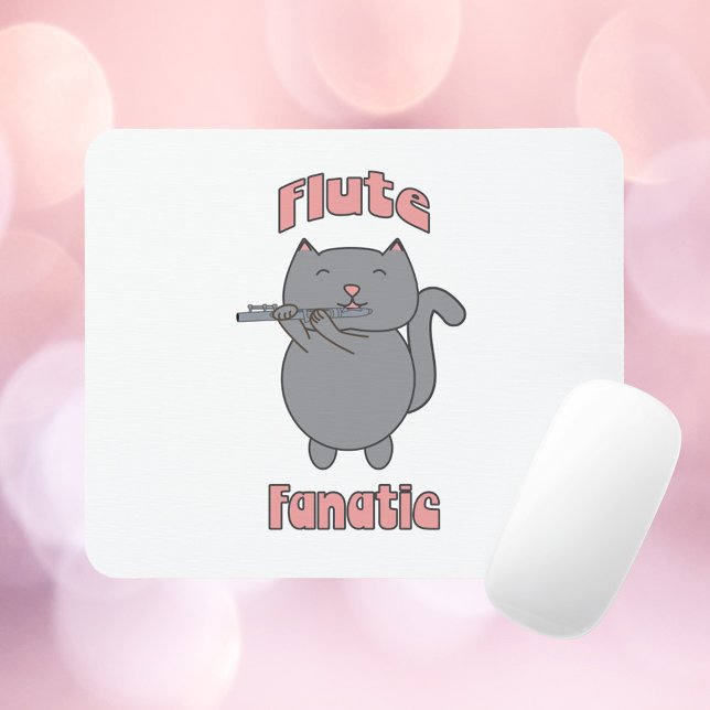 Mousepad Funny Cat Playing Flute Music Lover Musician Carto (A mousepad featuring a gray cat playing the flute with the words Flute Fanatic in pink.)