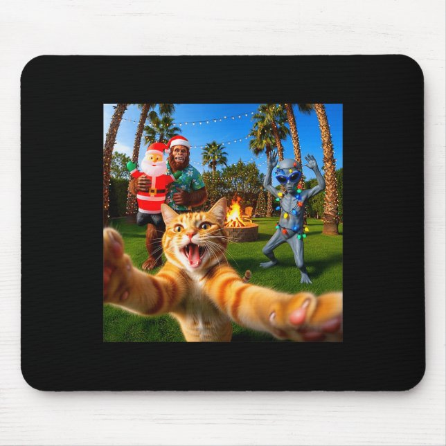 Mousepad Funny Christmas Cat Selfie With Bigfoot &amp; Alie (Frente)