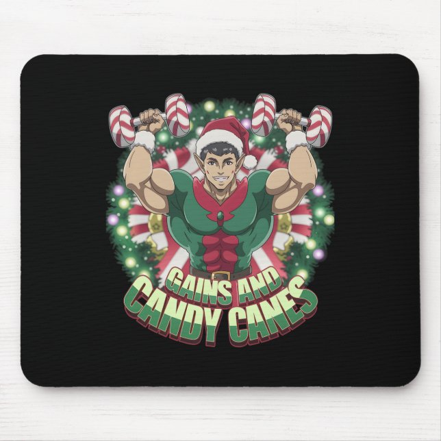 Mousepad Funny Christmas Elf Gym Workout Gains And Candy Ca (Frente)