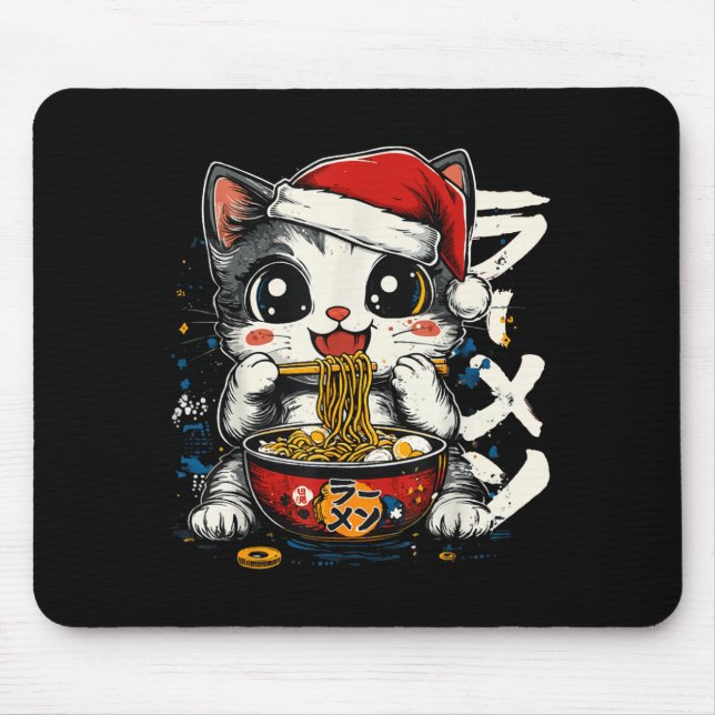 Mousepad Funny Christmas Santa Cat Ramen Japanese Kawaii An (Frente)