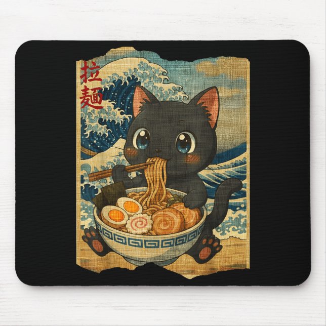 Mousepad Funny Kawaii Black Cat Ramen Noodle Bowl Japanese  (Frente)
