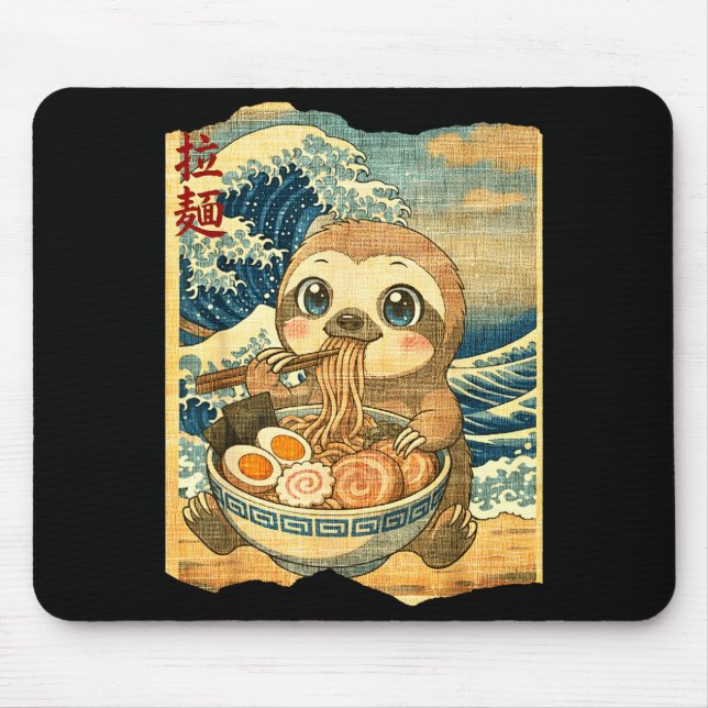 Mousepad Funny Kawaii Sloth Ramen Noodle Bowl Japanese Wave (Frente)