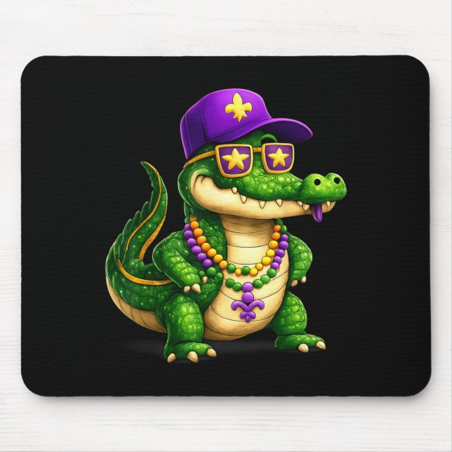 Mousepad Funny Mardi Gras Alligator Beads Carnival Celebrat (Frente)