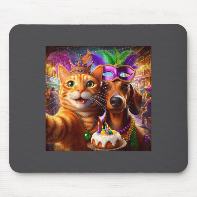 Mousepad Funny Mardi Gras Cat Dachshund Selfie Squad  (Frente)