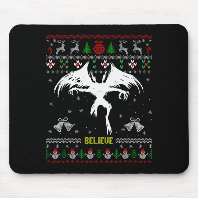Mousepad Funny Mothman Ugly Christmas Sweater Believe Crypt (Frente)