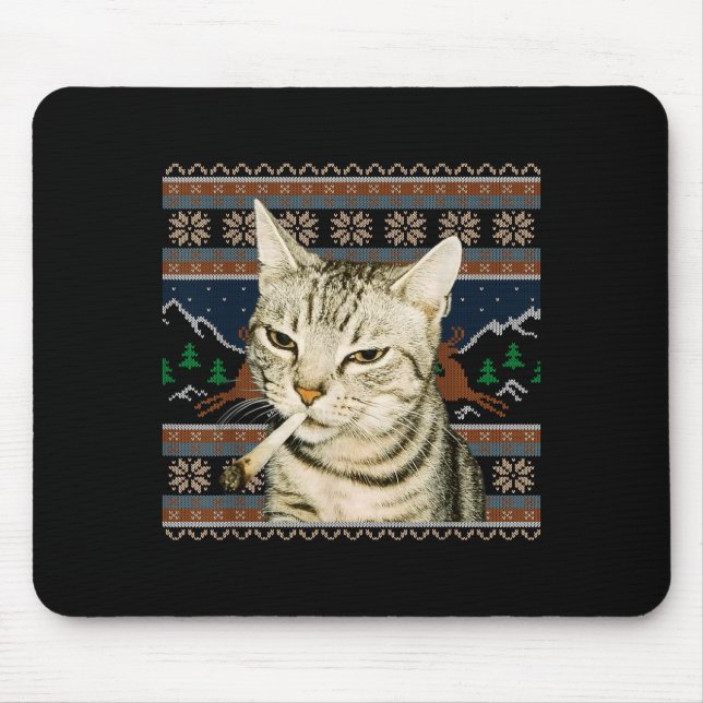 Mousepad Funny Smoking Cat Meme Christmas Ugly Sweater Cat  (Frente)
