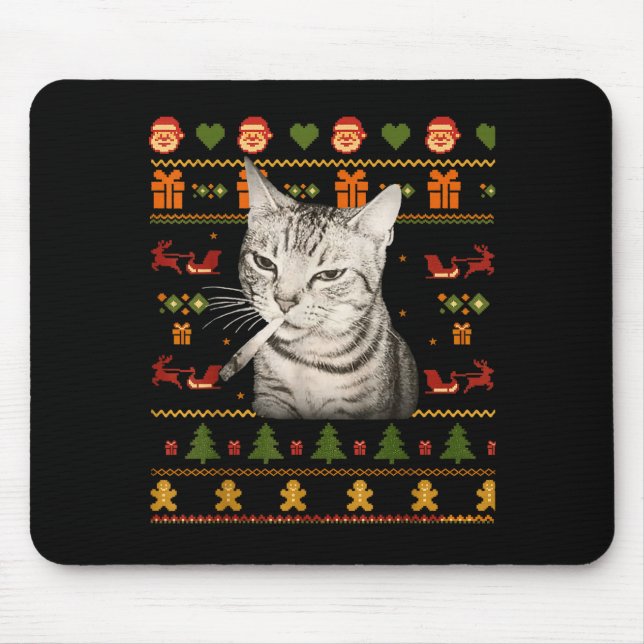 Mousepad Funny Smoking Cat Meme Christmas Ugly Sweaters For (Frente)
