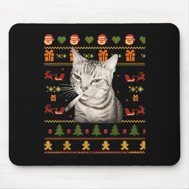 Mousepad Funny Smoking Cat Meme Christmas Ugly Sweaters For (Frente)