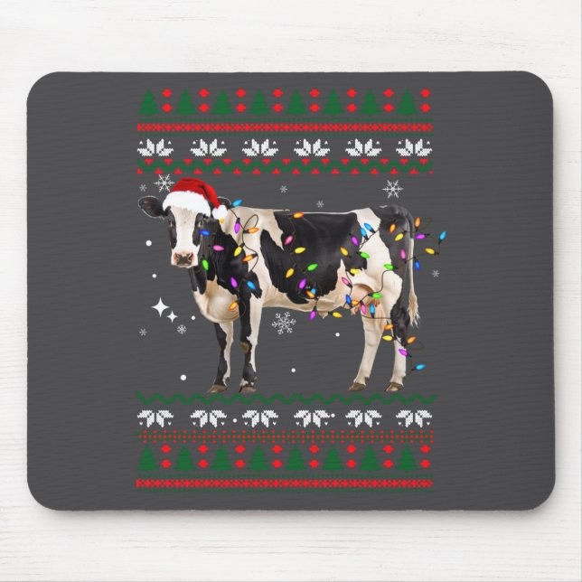 Mousepad Funny Ugly Xmas Sweater Dairy Cow Farmer Lights Ch (Frente)