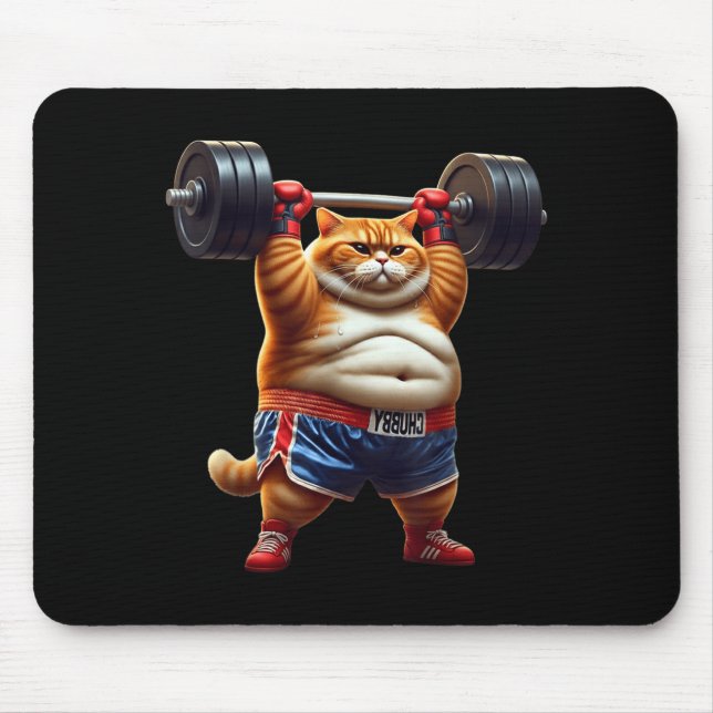 Mousepad Funny Weightlifting Gym Workout Cat With Boxing Gl (Frente)