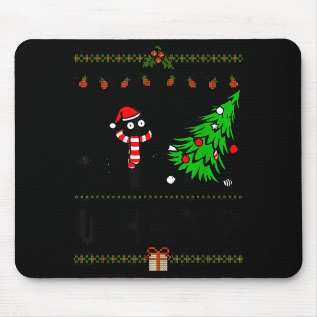 Mousepad Funny Xmas Black Cat Pushing Christmas Tree Over C (Frente)