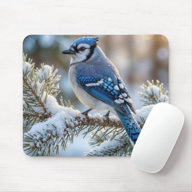 Mousepad Gaio-azul Empoleirado em um Pinheiro Nevado (Com mouse)