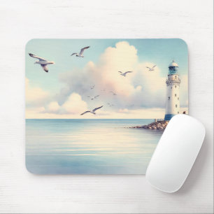 Mousepad Gaivotas do Farol Costeiro Céu Pastel Serenidade