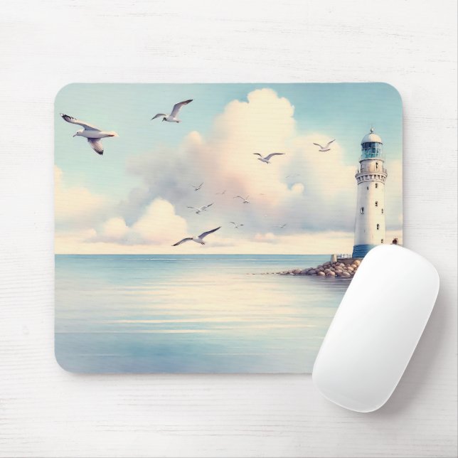 Mousepad Gaivotas do Farol Costeiro Céu Pastel Serenidade (Com mouse)