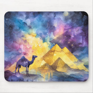 Mousepad Galáxia do Deserto em Aquarela Camelo Pirâmide Via
