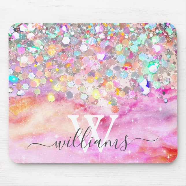 Mousepad Galáxia Rosa Glitter Holográfica Elegante Monogram (Frente)