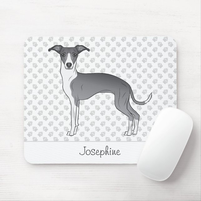 Mousepad Galgo Italiano Azul e Branco com Nome Personalizad (Com mouse)