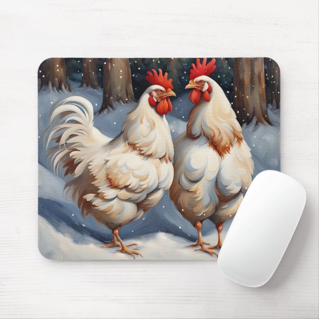 Mousepad Galinhas Brancas Na Neve (Com mouse)