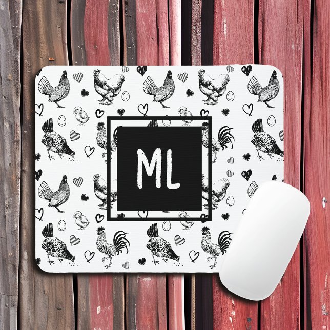 Mousepad Galinhas de desenho brancas e pretas monogramas (Criador carregado)