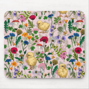 Mousepad Galinhas e flores silvestres, de algodão, cor-de-r