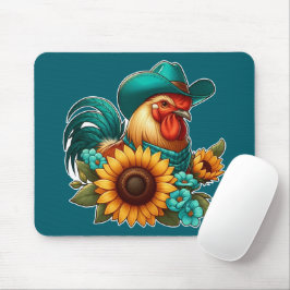 Mousepad Galo Com Chapéu Azul e Girassóis